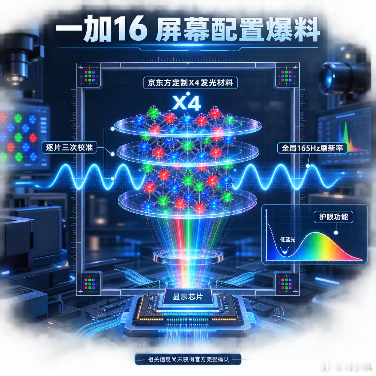 【数码快讯】据博主爆料，一加16屏幕可能采用京东方定制X4发光材料，支持全局165Hz刷新率，并配备显示芯片、逐片三次校准、护眼功能和窄四等边设计。爆料称，165Hz模式可覆盖桌面与游戏场景。另有消息称，新机将预装ColorOS 17，相关信息尚未获得官方完整确认。#一加16##屏幕配置爆料##全局165Hz# ​