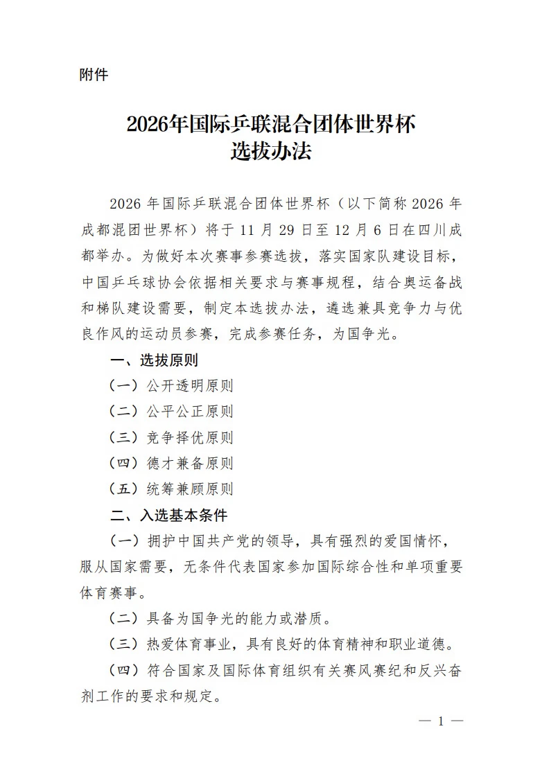 中国乒乓球协会关于2026年国际乒联混合团体世界杯选拔办法的公示
【运动员参赛选