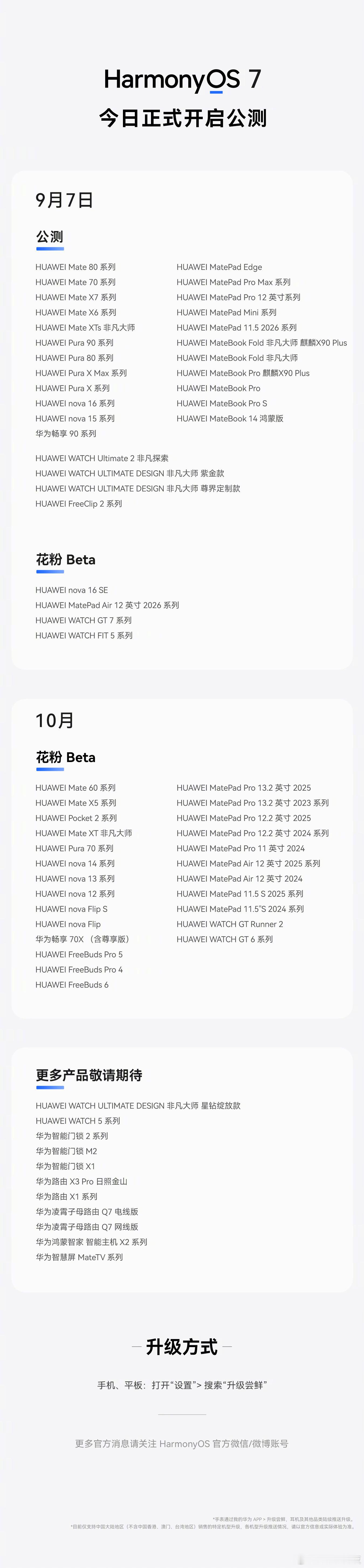 【#这些机型可升级华为HarmonyOS 7#】9月7日，华为HarmonyOS 7正式发布并开启公测，首批涵盖智能手机、平板、笔记本电脑、智能手表和耳机等多类产品，后续还将有更多机型陆续开放升级。

9月7日当天支持HarmonyOS 7的机型包括华为Mate 80系列、华为Mate 70系列、华为Mate X7系列、华为Mate X6系列、华 ​