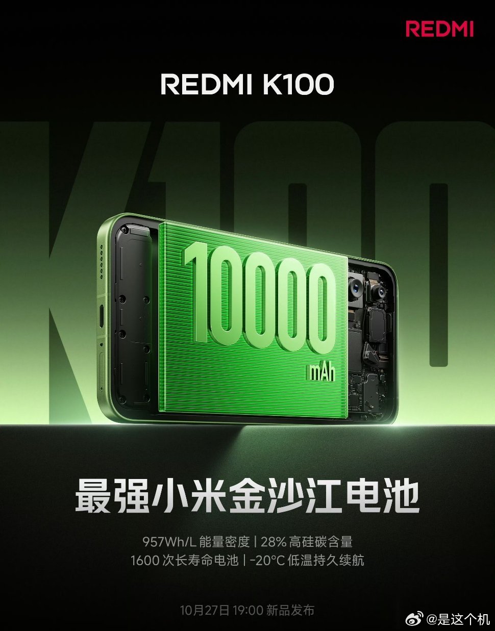 REDMI K100官宣配备10000mAh电池，被称为最强小米金沙江电池
 
硅碳含量达28%
能量密度高达957Wh/L
零下20℃低温环境依旧稳定高性能
经过1600次充放电循环后，电池容量仍不低于80% ​