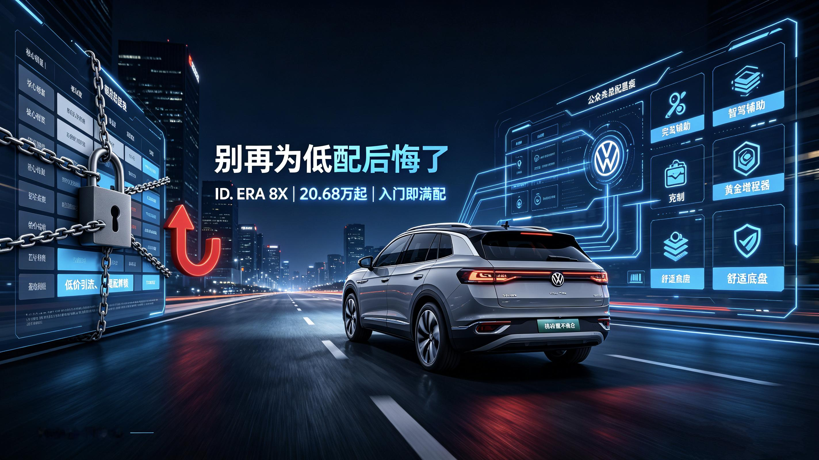谁在终结合资电车的“低配引流”套路？



20.68万起！ID. ERA 8X，重塑合资新能源配置标准
 
在合资新能源领域，长期存在一个普遍现象：多数车型依靠低配版本压低入门售价，用来拉低购车门槛，车辆核心的动力、智能及舒适配置，基本仅搭载在中高配车型上。这也让不少消费者选车时陷入两难，既担心低