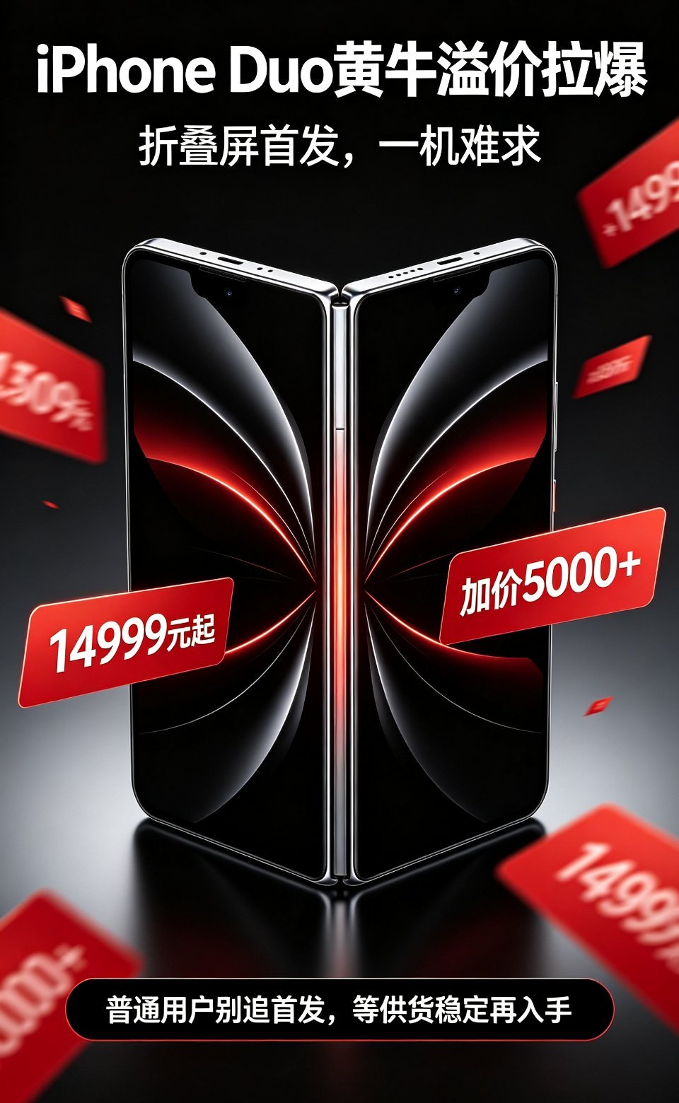 苹果首款折叠屏手机定名iPhone Duo，国行预估起售价近1.5万元，但因首批备货极度稀缺，黄牛渠道溢价已被彻底“拉爆”。  一、定价与溢价现状- 官方预估定价：256GB入门版定价2000美元，国