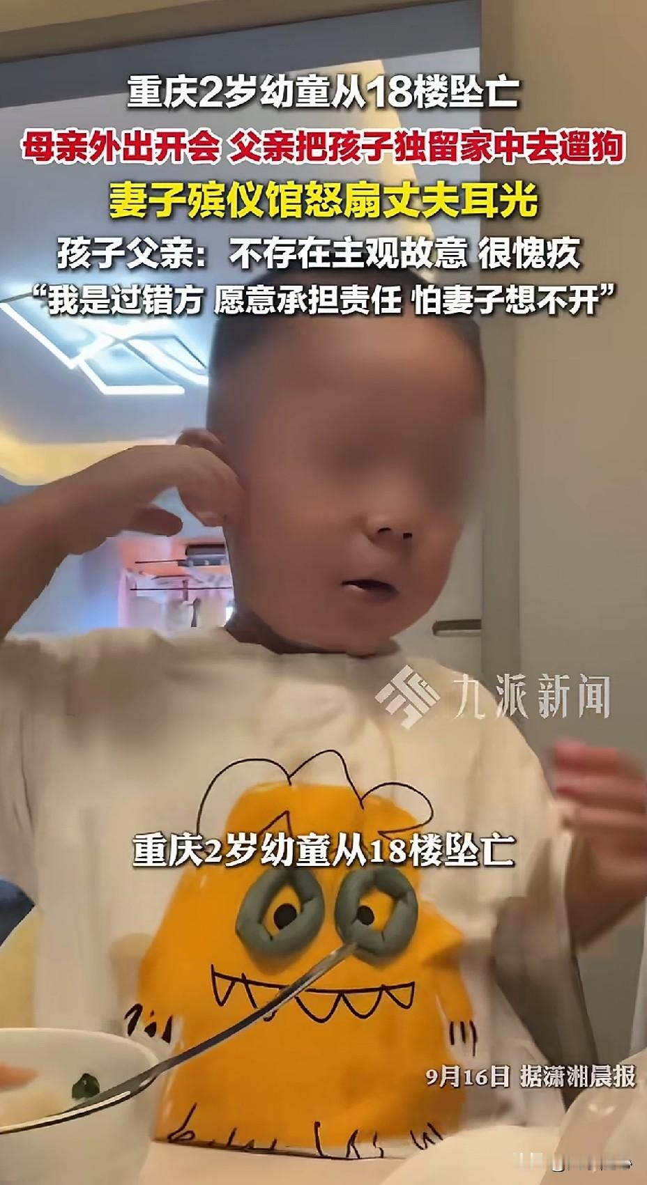 重庆2岁幼童从18楼坠亡。母亲外出开会，父亲把2岁儿子独留家中去遛狗，导致2岁儿子从18楼坠亡。妻子殡仪馆怒扇丈夫耳光，孩子父亲：不存在主观故意，很愧疚，我是过错方，愿意承担责任，怕妻子想不开。

孩子母亲：9月13号下午，我外出开会，丈夫在家带娃，将孩子独自留在家中沙发上看动画片后，出门遛狗，导致