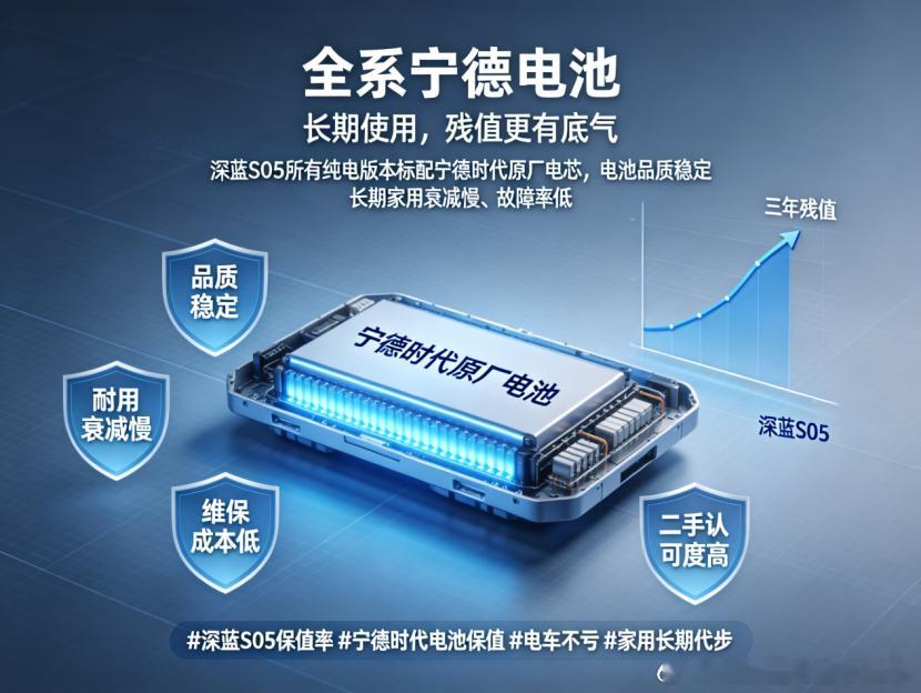 开几年不亏 深蓝S05保值率拉满
杂牌电池电车两三年续航跳水，转手折价严重。深蓝 S05 保值表现优秀，长期家用或者后期换车，都能减少资金亏损。
电车残值不单单看车标，电池品质才是关键。搭载宁德时代电芯的车型，相比杂牌电池，二手市场更好出手，贬值速度更慢。
深蓝 S05 全系标配宁德时代原厂电芯 ​