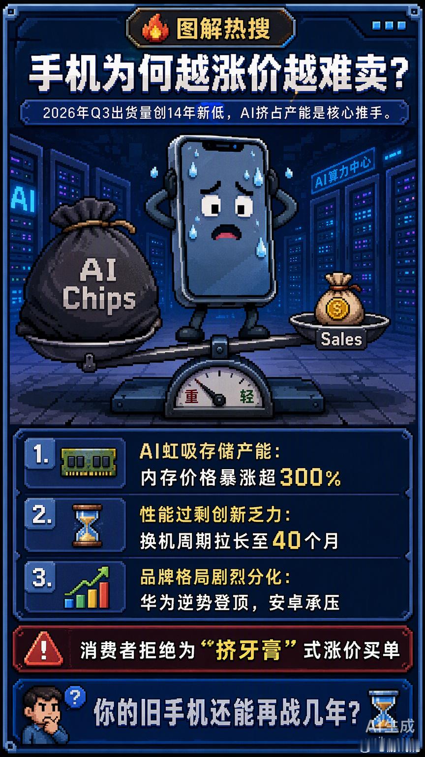 手机市场这盘棋，现在走得是真难看。

Q3出货量暴跌20%，创了14年新低。但这回有意思的是，大家不是没钱买，而是不想当冤大头。华为靠着自研技术逆势登顶，苹果虽然Pro被砍单，但高端基本盘还在。最惨的是安卓那几家，小米、OV出货量跌了超过20%。

说白了，现在的旗舰机就是“挤牙膏”还涨价。AI把存 ​