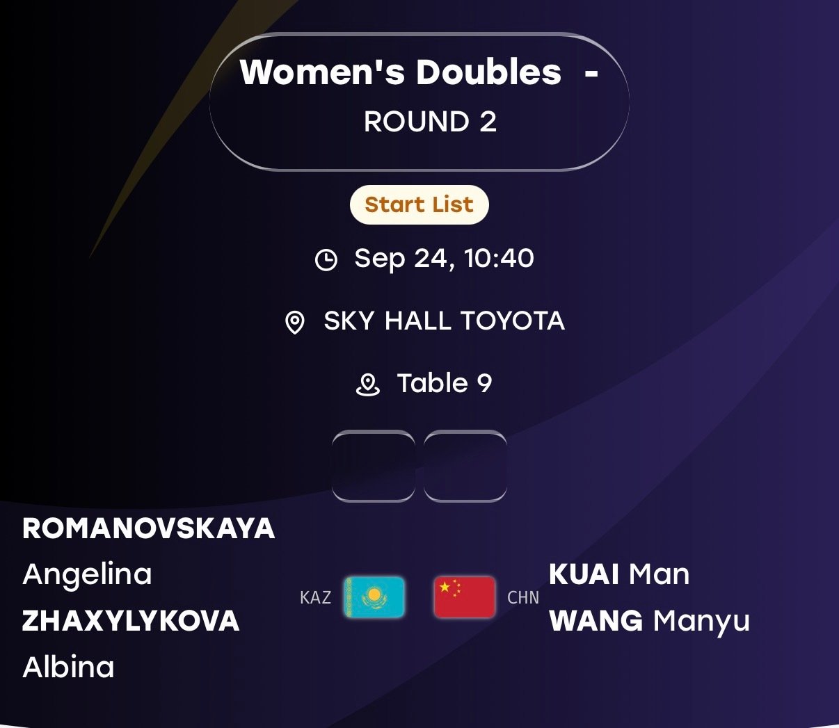 明早09：40女双发卖到9️⃣号桌
明晚18：30女团🇨🇳🆚🇯🇵1️⃣号桌 ​