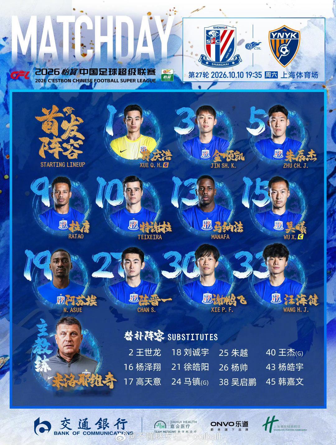 吴曦和朱辰杰继续首发；金顺凯回归首发，看起来还是得到信任；谢鹏飞和三外援搭档前场，怎么站位很期待。

现在是一年里最适合看球的季节了，可惜中超快结束了。

#上海申花[超话]##中超联赛##上海申花vs云南玉昆# ​