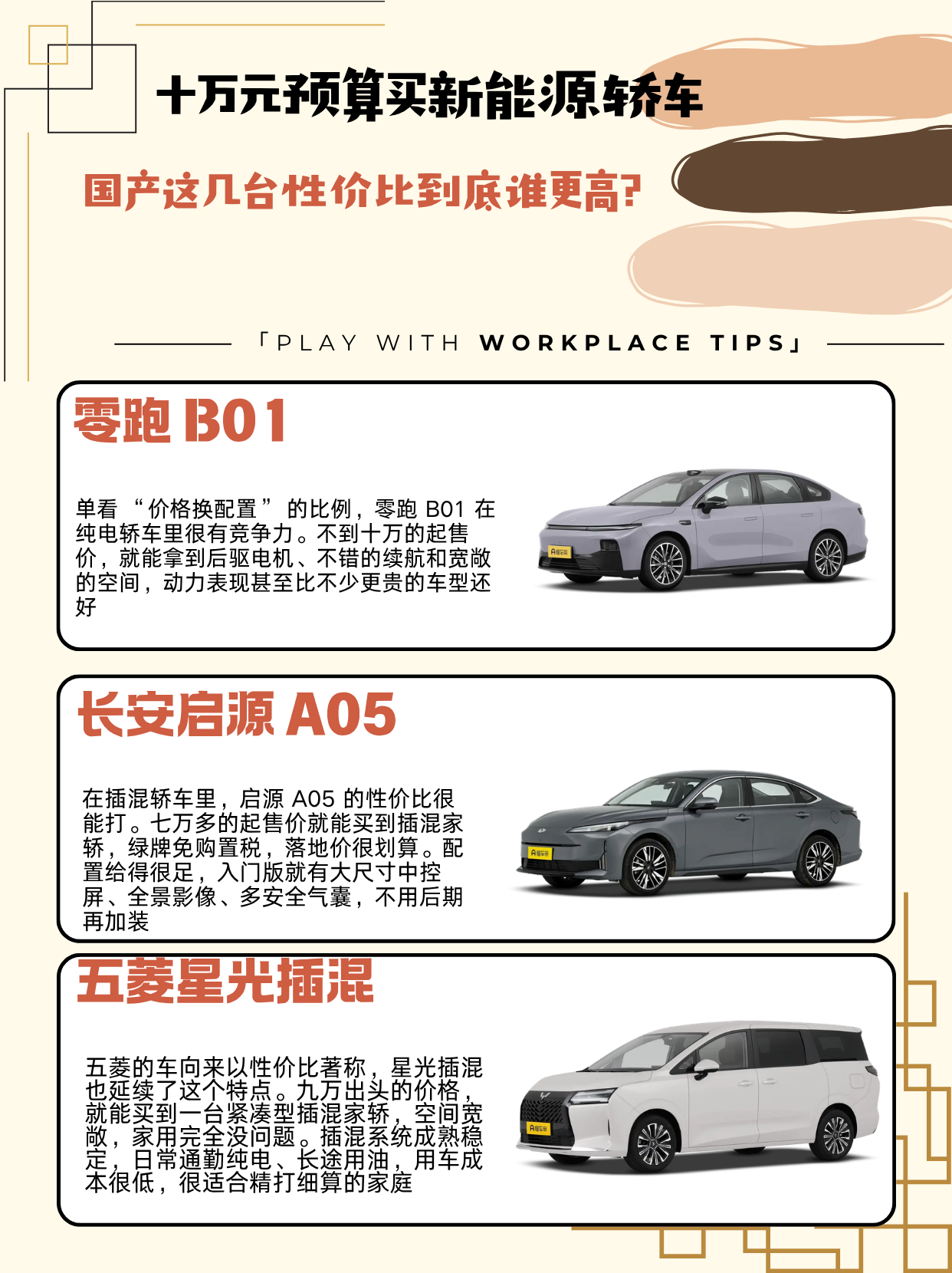 车型：零跑 B01
指导价：9.58-11.98 万元
正文：单看 “价格换配置” 的比例，零跑 B01 在纯电轿车里很有竞争力。不到十万的起售价，就能拿到后驱电机、不错的续航和宽敞的空间，动力表现甚至比不少更贵的车型还好。基础配置也很齐全，大屏、倒车影像、定速巡航这些常用功能都有，日常用完全够。如