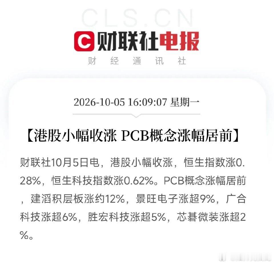#华为高通 芯片# 下午4点多港股收盘，节后A股开盘值得期待了

一条，是港股小幅收涨，PCB概念涨幅居前。建滔积层板icon涨约12%，景旺电子icon涨超9%，广合科技涨超6%，胜宏科技icon涨超5%，芯碁微装icon涨超2%。

另一条，是日经225指数收盘上涨2.40%，报69946.86点。欧股开盘普遍走高，德国iconDAX涨0 ​