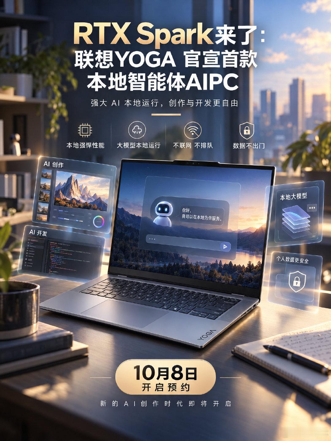 RTX Spark 超级芯片加持，这台新品本机性能直接扛下高负载 AI 任务💥

千亿级参数大模型也能本地运行——不联网、不排队、数据不出门。

对 AI 创作者与 AI 开发者来说，这可能是个信号：PC 市场要变了？

10 月 8 日开放预约。#RTXSpark##Windows笔记本##联想##笔记本电脑##本地AI# ​