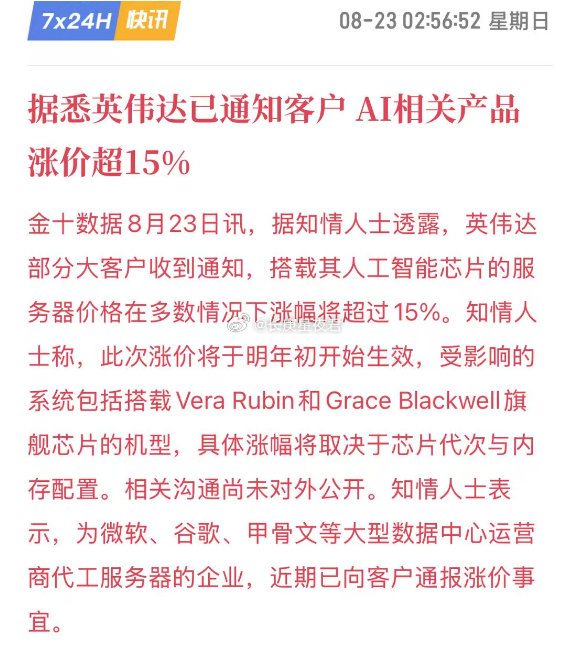 英伟达AI产品涨价15%+，明年初生效 ​