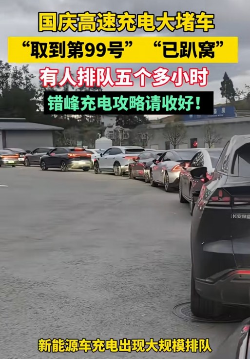 国庆高速新能源车充电大堵车，“取到第99号”“已趴窝”！有人排队五个小时。
国庆长假高速车流迎来高峰，不少开新能源汽车自驾的车主，在高速服务区充电遇到难题。服务区充电点位前排起长队，排队号码直接排到99号，部分车辆电量耗尽直接趴窝，车主等待充电最长耗费五个小时。
 
很多车主出门前认真查看导航，规划