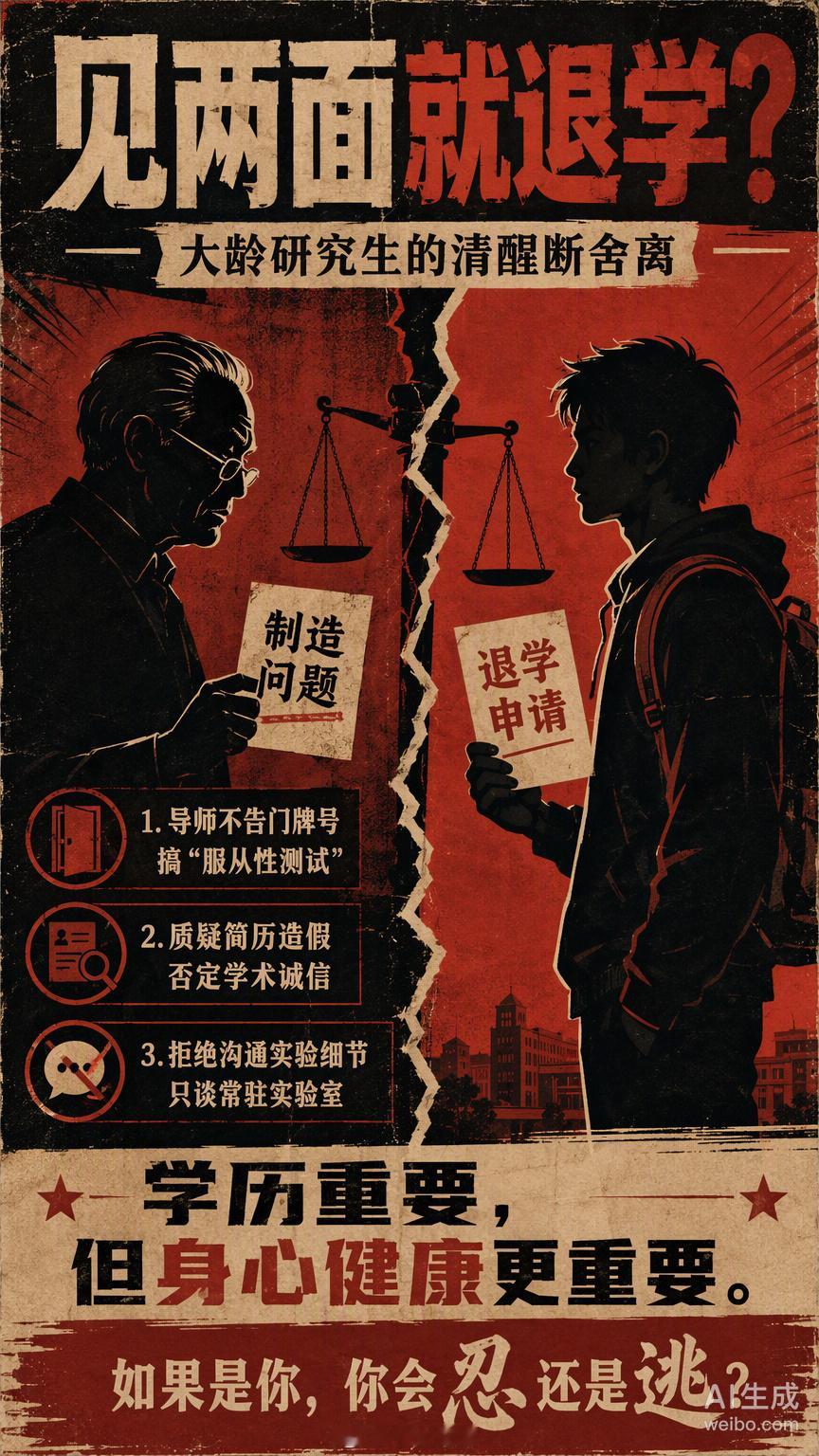 #大龄读研见老师两面就退学#
一位工作多年后考上研的博主，入学后仅与见了两次面，就因在沟通中感到强烈不适与压抑，果断决定退学止损。
事件发酵后，博主开启退学经历后续分享，阐明初衷并非劝退他人，而是为了回应升学焦虑。她鼓励陷入相似困境者区分个人能力与师生适配问题，避免过度自责。
博主强 ​
