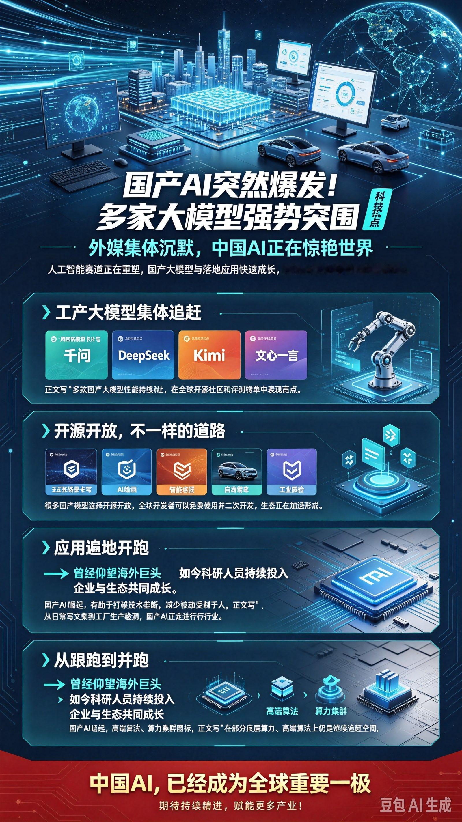 国产AI突然爆发！多家大模型强势突围，外媒集体沉默

人工智能赛道，不再是少数国家独领风骚。国产AI迎来集中爆发期，多款国产大模型性能一路追赶国际顶尖水平，惊艳全世界。

放眼全球开源AI社区，国产大模型下载量长期稳居前列，千问、DeepSeek、Kimi、文心一言等模型百花齐放，不断刷新各项评测榜