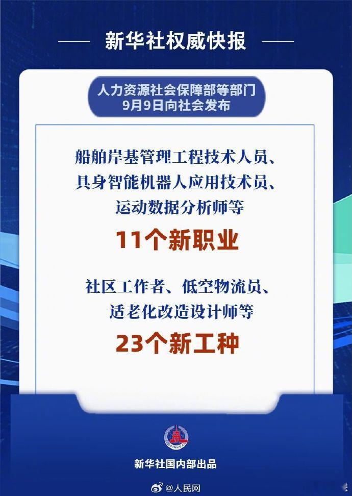 #残联暖分享#【#又有11个新职业23个新工种来了#】#具身智能机器人应用技术员等成新职业#人力资源社会保障部等部门9月9日向社会发布船舶岸基管理工程技术人员、具身智能机器人应用技术员、运动数据分析师等11个新职业，社区工作者、低空物流员、适老化改造设计师等23个新工种，调整变更农产品经纪人等6 ​