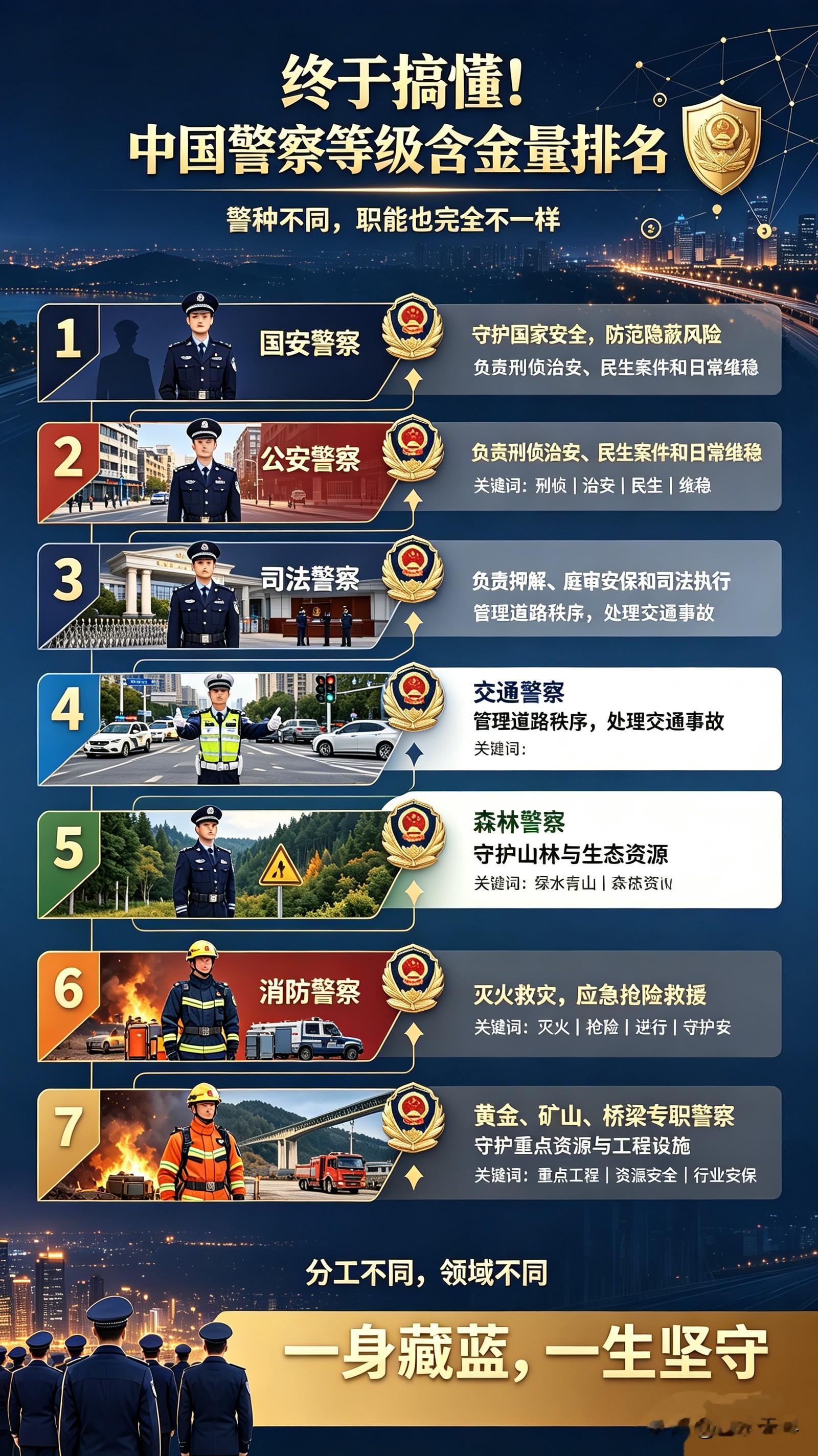 终于搞懂！中国警察等级含金量排名，职能完全不一样
 
很多人一辈子只知道警察办案，却不知道警察分很多种类！各警种权限、含金量、职责天差地别，今天一次性讲透彻！
 
第一名国安警察，含金量最高、最神秘。专司国家安全、防范各类隐蔽风险，守护国家底线，门槛和职责权重位居所有警种之首。
 
第二名公安警察，