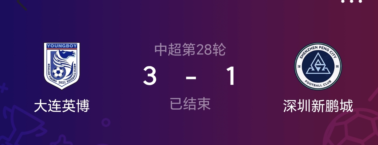 大连英博3:1深圳新鹏城，喜忧参半

喜的是球队获胜了，继续保持夺冠希望，当然开心。忧的是如果成都蓉城本轮客场输给上海海港队，那么英博就有可能下一轮当成都蓉城夺冠的背景板。

但是不管怎么说，球打到这份上，到哪一步就做好哪一步的事。如果下一轮真当成都蓉城的背景板，也不用沮丧，因为这赛季的英博有足够资