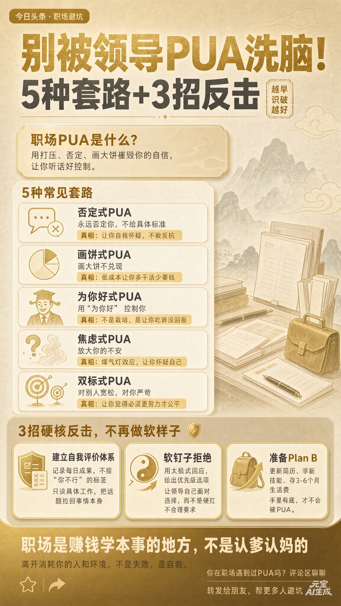 如何应对上级PUA？

5种套路+3招反击

最近刷到不少职场人吐槽，明明每天拼命干活，却总被领导挑刺，甚至开始怀疑自己能力不行。其实你可能不是能力不够，而是踩进了职场PUA的陷阱。

今天就用大白话扒一扒职场PUA的常见套路，再教你几招硬核反击技巧，看完别再傻傻被拿捏！


------

一、先
