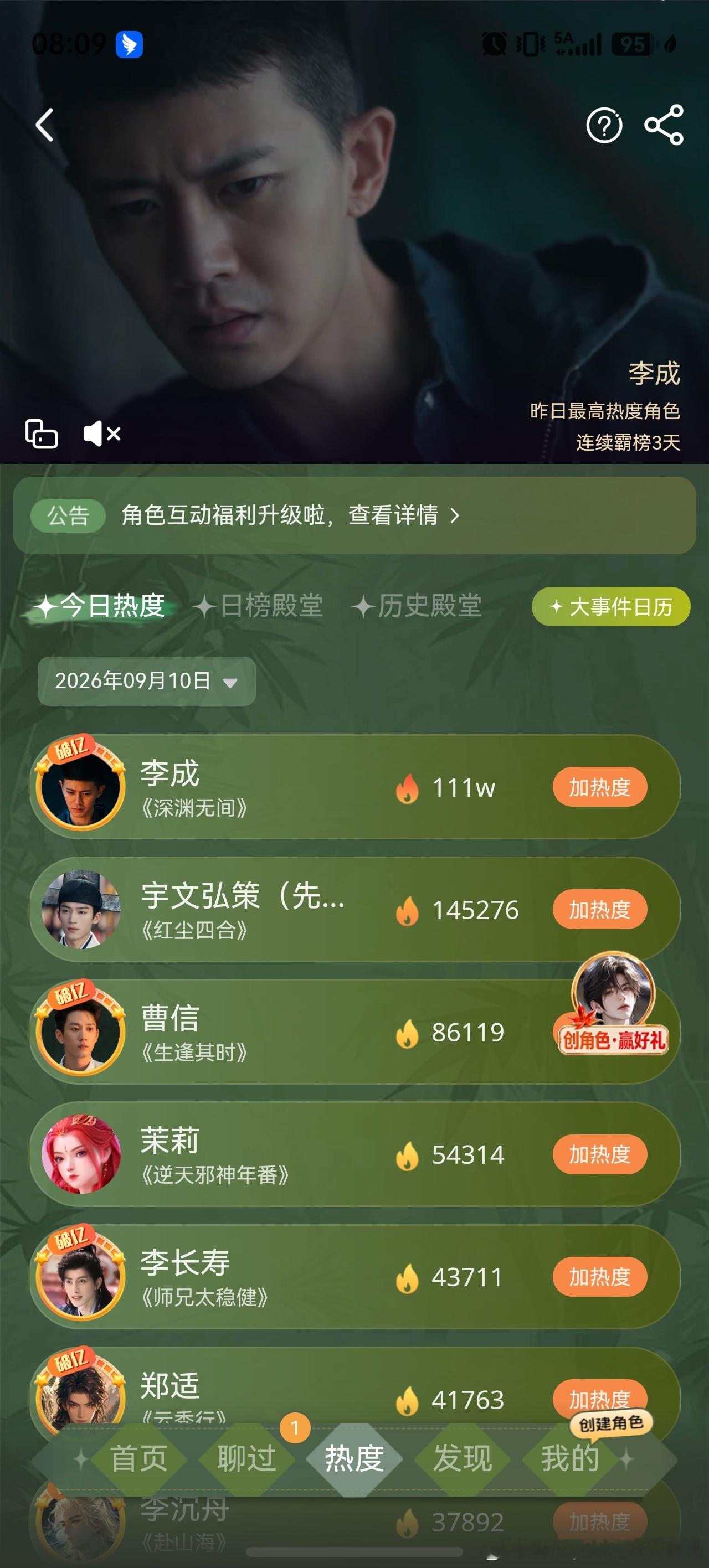 #任嘉伦[超话]#爱奇艺角色热度，今日最高热度、昨日最高热度、日榜最高、历史最高都是任嘉伦～任嘉伦和jrjj太棒了，看着太得劲了～
《深渊无间》李成开播周日即达迷雾剧场近五年晚6点开播剧热度第一，昨晚看得太热血了～#任嘉伦深渊无间##剧集深渊无间# ​