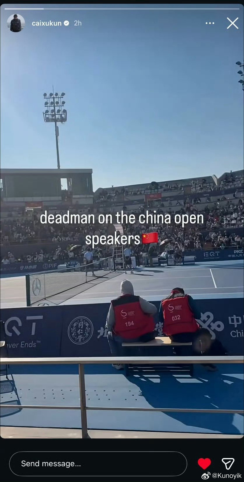 #中网比赛现场放了蔡徐坤的deadman#
用作品说话，deadman大爆曲实至名归[拜托][拜托][拜托] ​