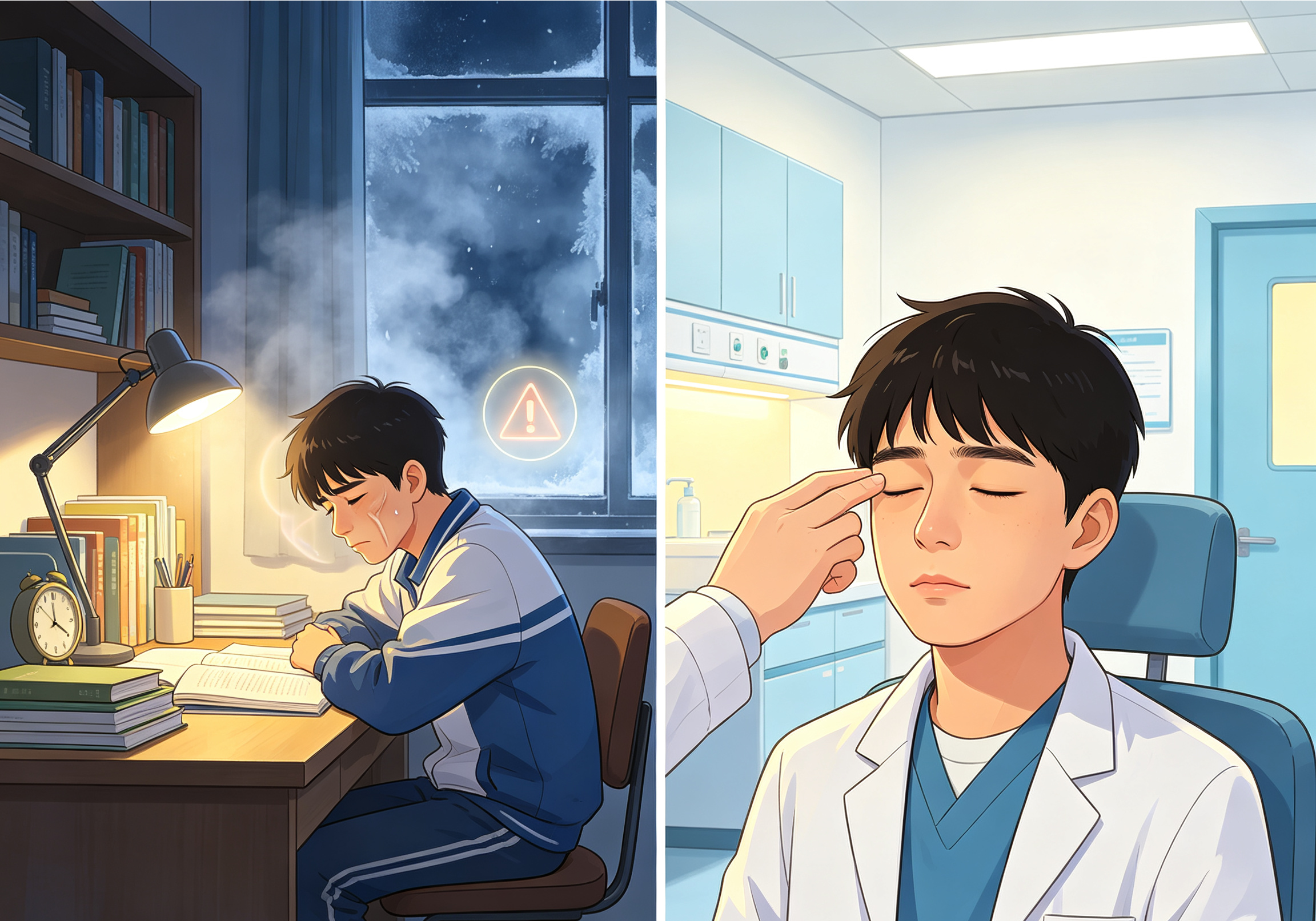 熬夜少年突发面瘫：别让青春透支健康

武汉17岁高中生小陈因学业压力大、长期熬夜，又逢气温骤降受寒，突发面瘫。幸运的是，经及时治疗，他的面部功能已完全恢复。
这起案例令人警醒：面瘫并非&