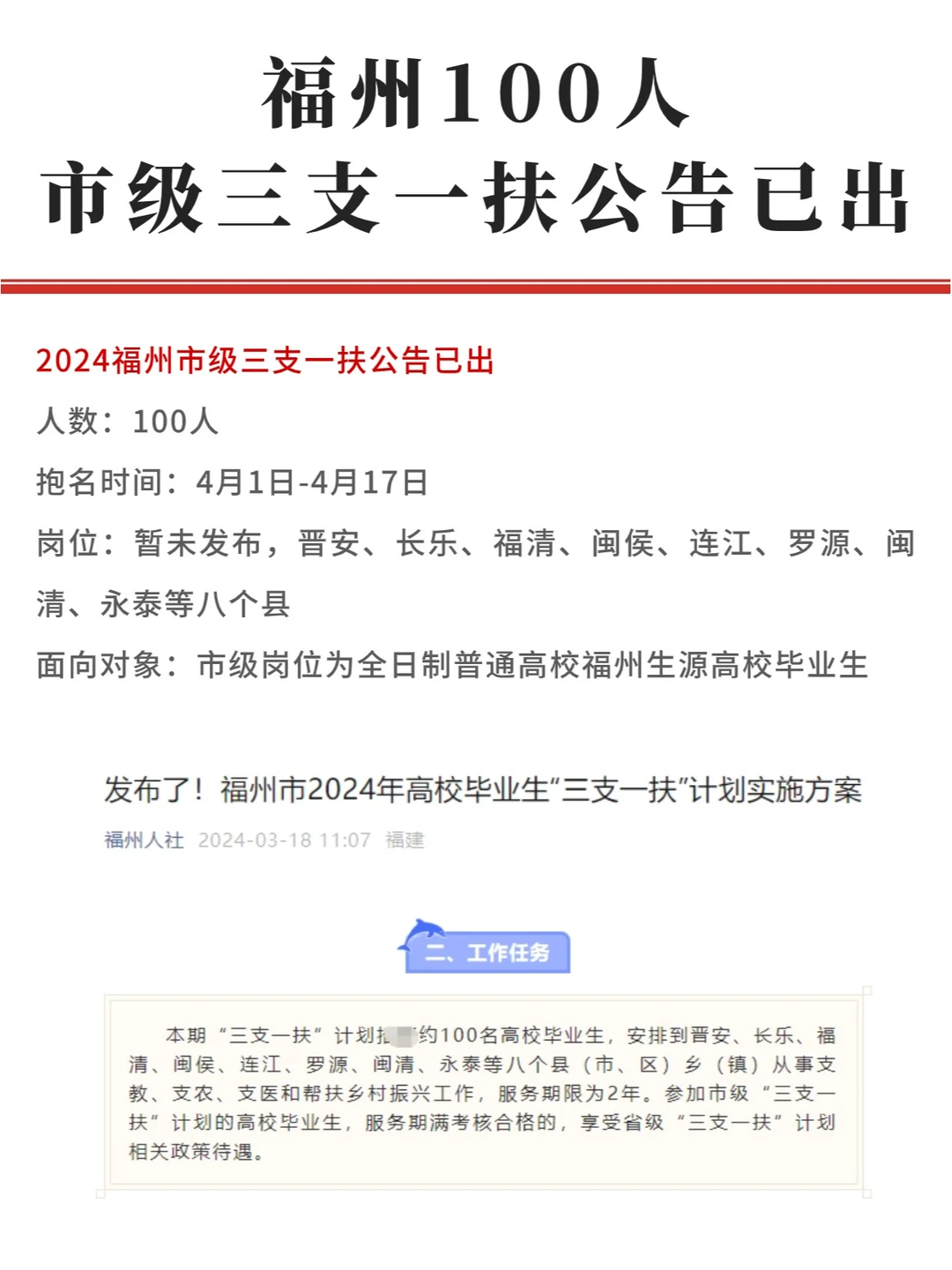 2024福州三支一扶100人公告，市级8个县