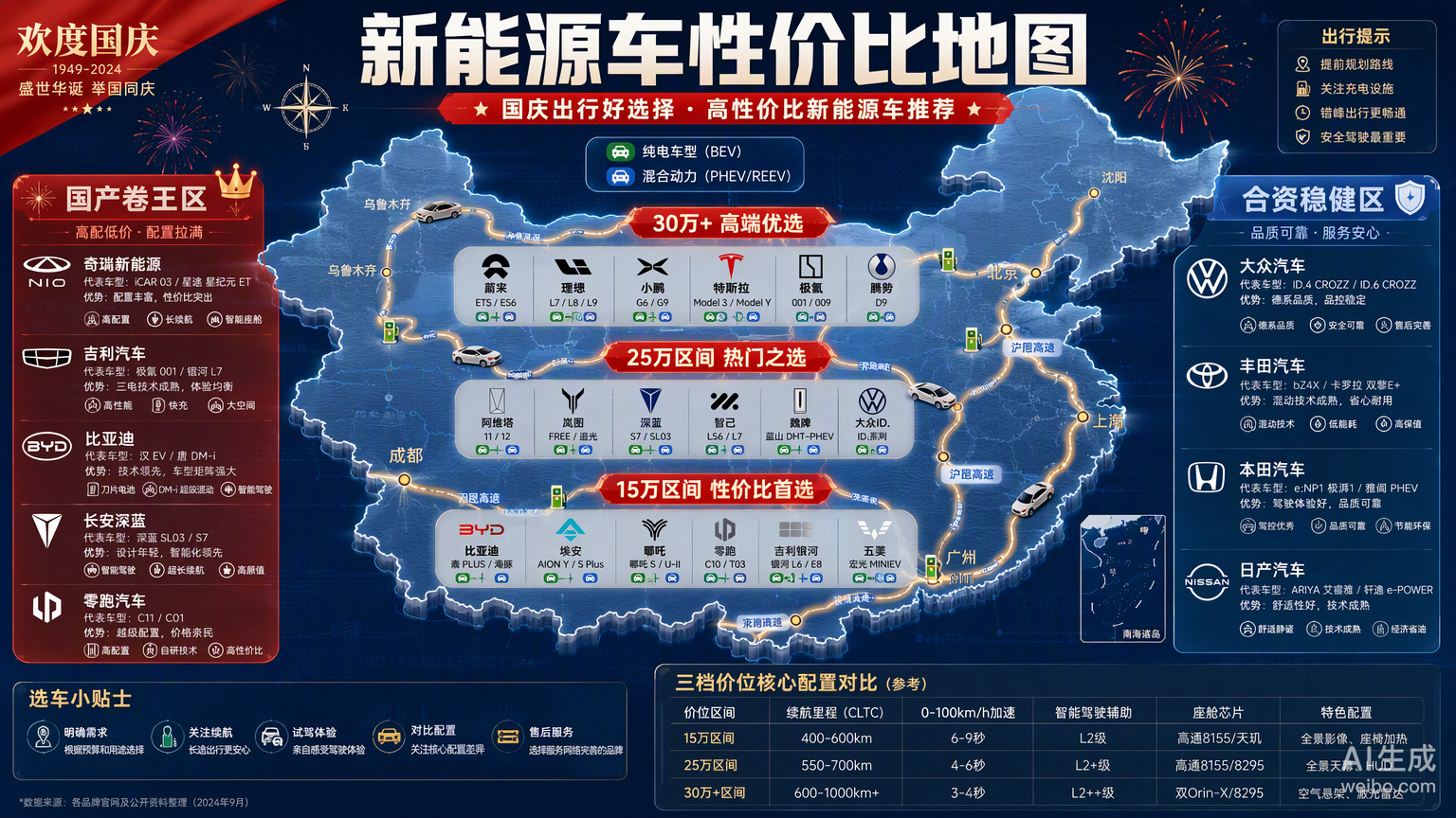 国庆高速上，电动车是一年比一年多。这种短期爆炸式出行，充电桩紧张是必然的。

这时候混动和增程的优势就出来了。不用排队等充电，加油就走，心里踏实。最近看了智己和岚图，性价比确实不错。如果预算在15万左右，想要配置高就选国产，奇瑞、吉利、比亚迪在这个价位卷得有声有色；想要品控稳，合资车 ​