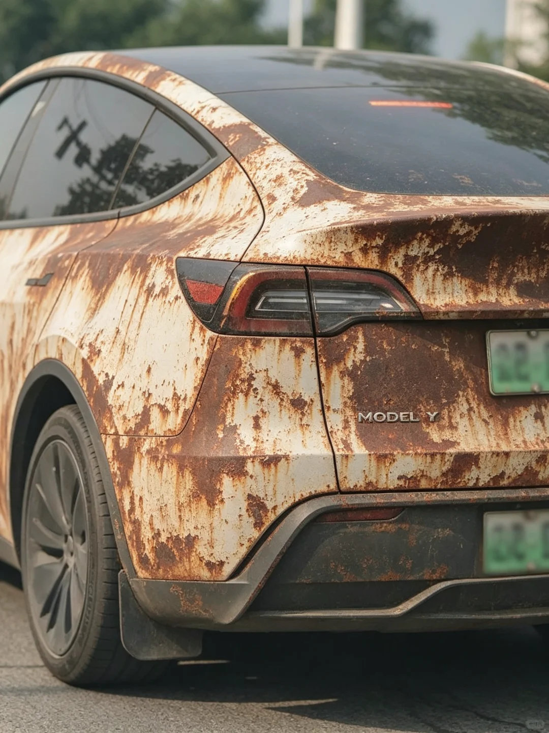 #特斯拉##新能源汽车# 这Model Y车主非常有个性，选了个战损风的贴膜。 ​​​​
