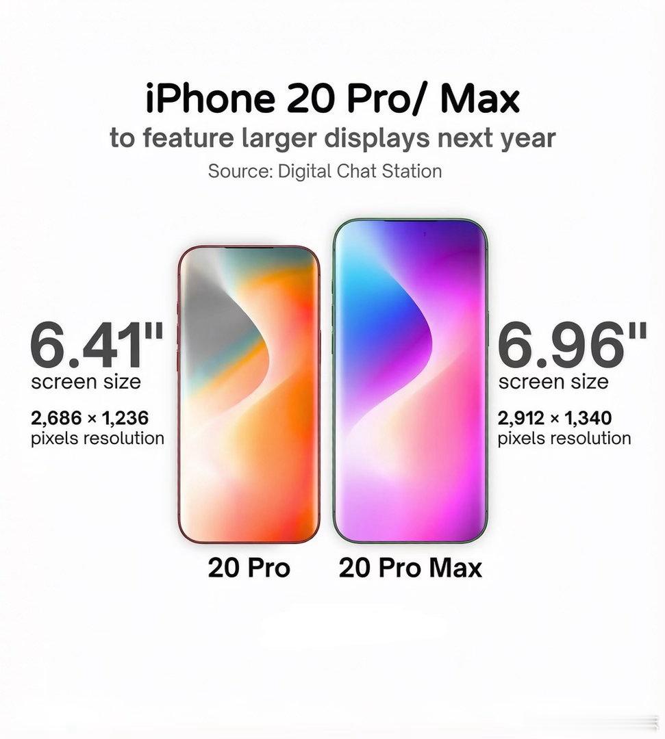 苹果可能正在为 iPhone 20 Pro 系列计划更大尺寸的显示屏 👀18 还没捂热乎，明年的 20 已经开始了😁

📱 iPhone 20 Pro：6.41 英寸
📱 iPhone 20 Pro Max：6.96 英寸 ​