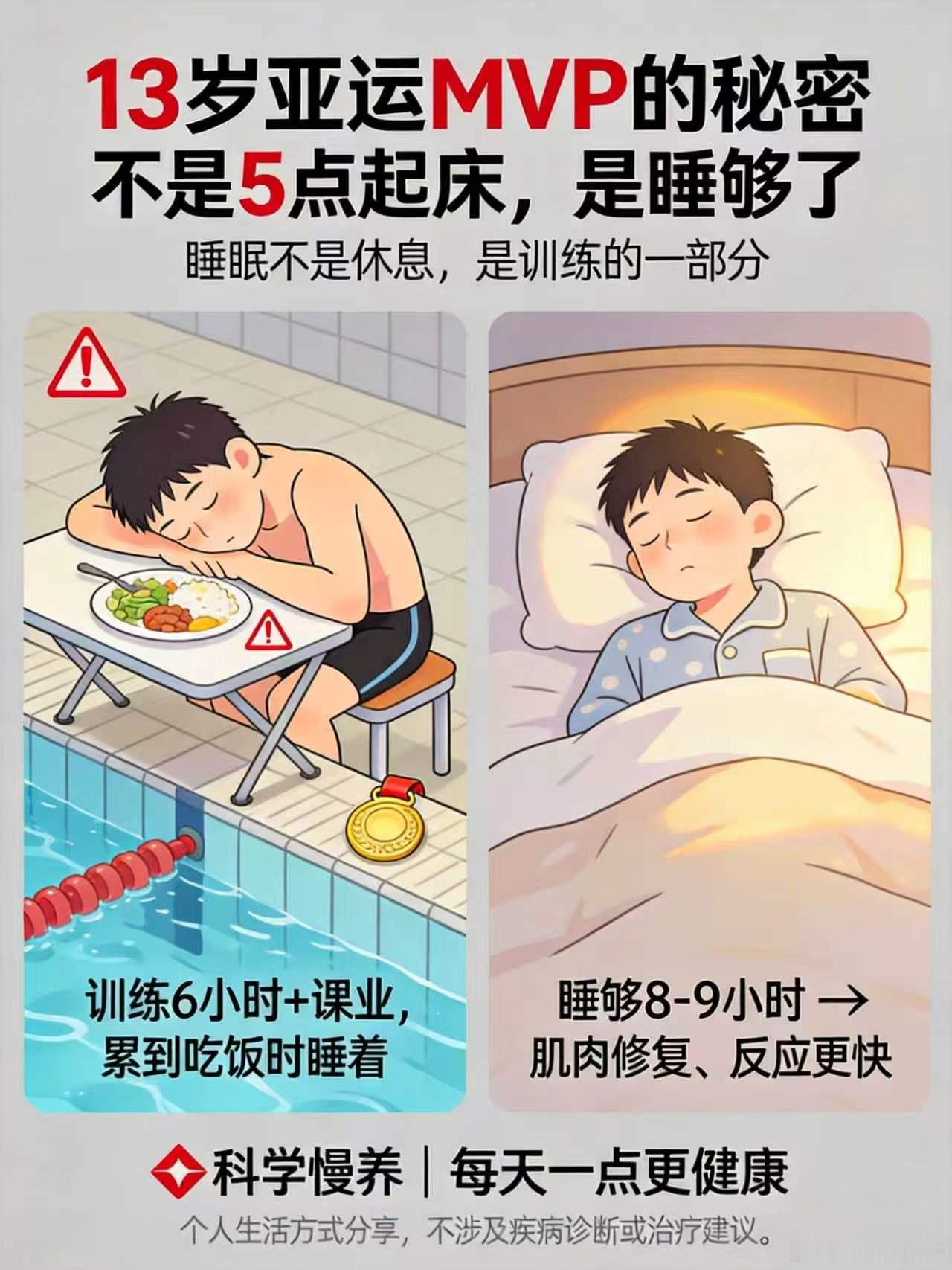13岁亚运MVP于子迪，最该被看见的不是金牌，是睡眠。

今天，13岁的于子迪当选亚运史上最年轻MVP，3金、两项亚洲纪录。但她的教练透露了一个细节：她累到吃饭时都能睡着。

你以为她赢在“5点起床”？恰恰相反。她真正赢在——睡够了。

国际运动医学顶刊《Journal of Clinical Medicine》2025年研究指 ​