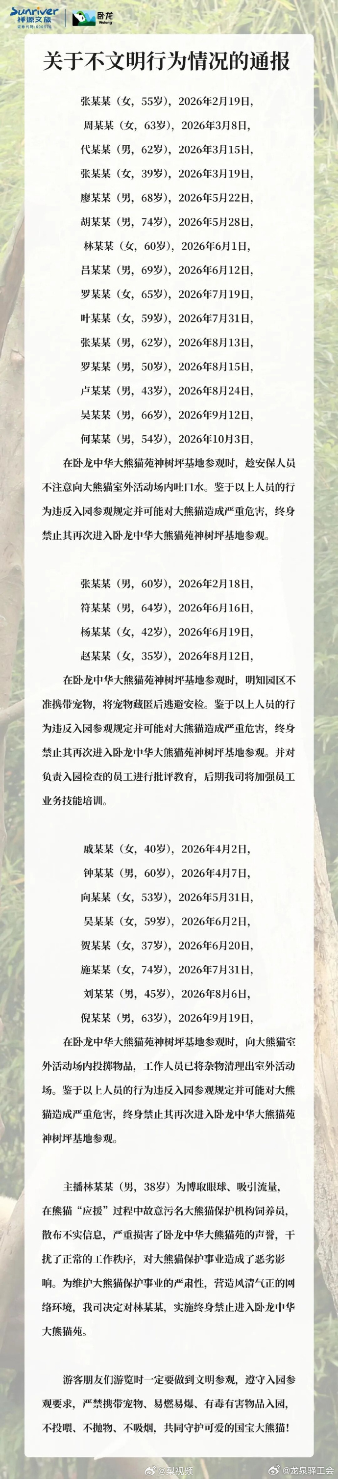 【#卧龙大熊猫苑情况通报#，#卧龙大熊猫苑多名游客被终身禁入#】10月10日，卧龙大熊猫苑神树坪基地发布情况通报，2026 年多名游客因向熊猫活动场吐口水、投掷物品、藏匿宠物逃避安检等不文明行为，被终身禁止入园。另有主播为博取流量，散布不实信息抹黑饲养员，同样被终身禁入。园区提醒游客文明参观 ​