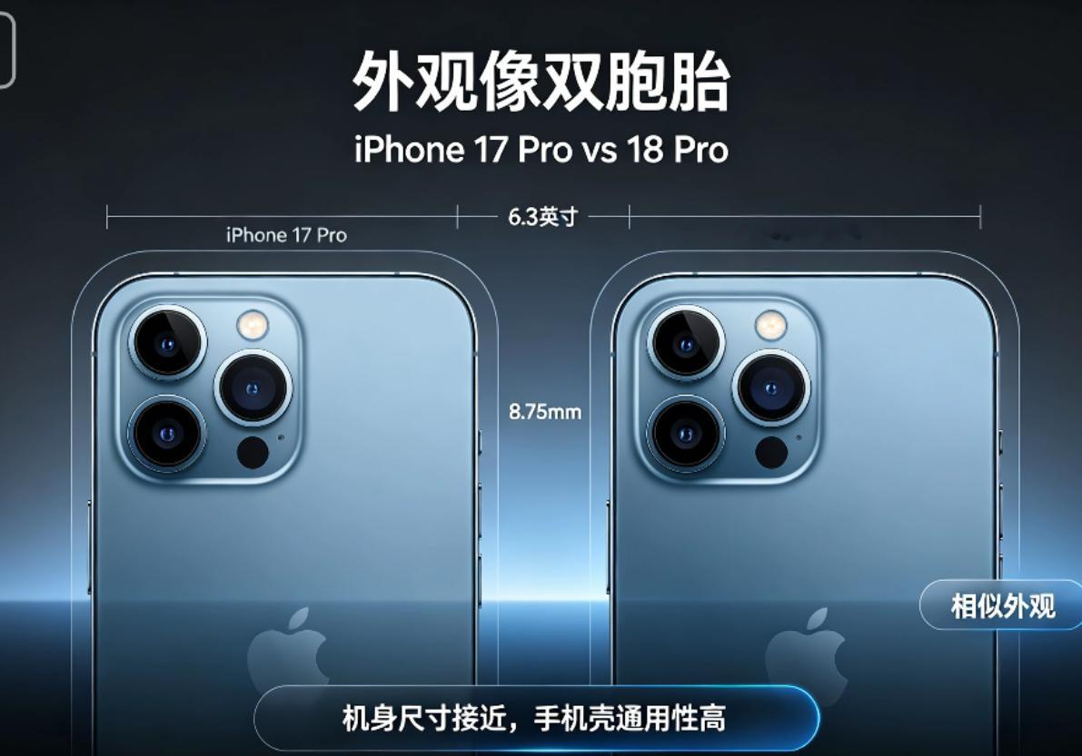 iPhone 18 Pro vs 17Pro：长得像双胞胎，差别全在内部

iPhone18 Pro和17Pro外观高度相似，很多人第一眼会分不清，堪称“双胞胎机型”，但内部升级差距不小。

外观对比

两款都是6.3英寸屏幕，机身厚度同为8.75mm，手机壳可以通用。
✅18Pro改动：灵动岛面积
