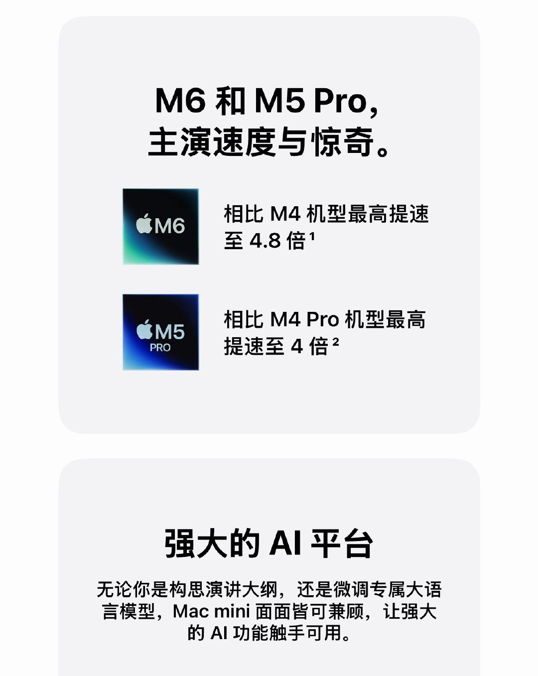 M5 Pro和M6系列已经all in AI了，重点在AI应用的响应速度与智能体应用。毕竟Mac mini依旧是目前最佳AI迷你主机，属于是时代红利#苹果发布两款mac新品# ​