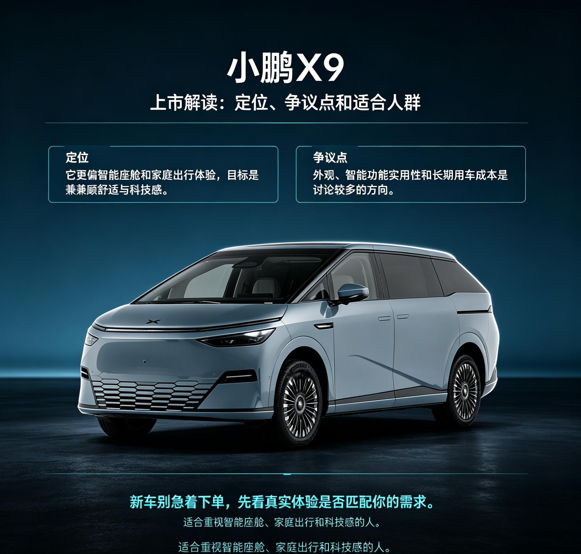 小鹏X9主打智能座舱与家庭出行体验，兼顾舒适感与科技属性。关于它的外观、智能实用性的讨论一直很多，更适合看重智联体验和家庭出行的用户。【来自懂车帝车友圈】