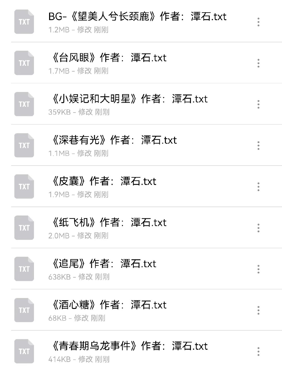 潭石大大合集来喽🔥
￼#小说txt分享[超话]##小说资源铺[超话]# 
宝宝们自娶哦 👇 整理不易 记得留👍哦
《望美人兮长颈鹿》
《台风眼》
《小娱记和大明星》
《皮囊》
《纸飞机》
《追尾》
《酒心糖》
《青春期乌龙事件》
#潭石# ​