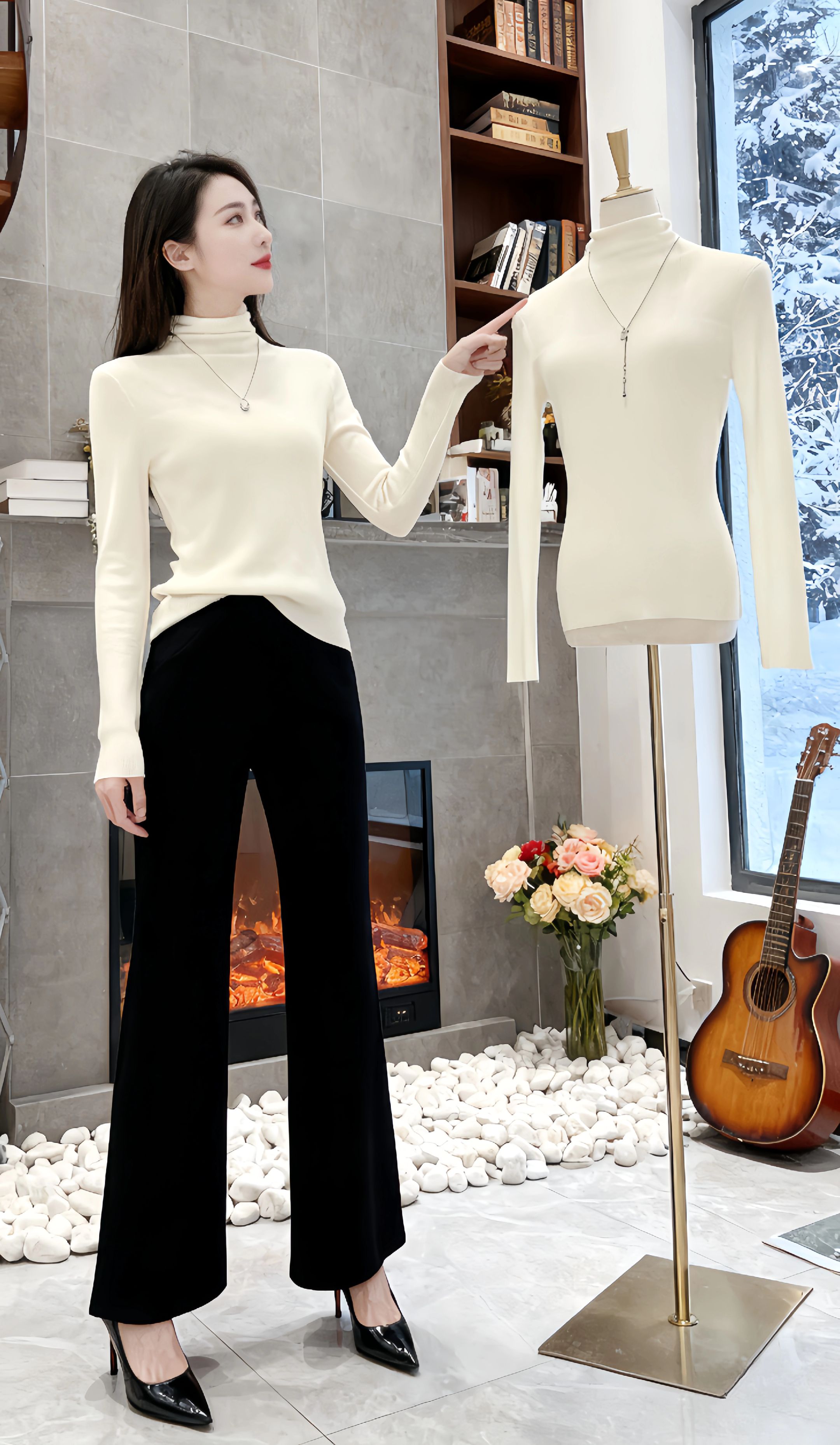 2025爆款堆堆领软糯坑条蓝色上衣秋季高档气质打底衫简约内搭女款