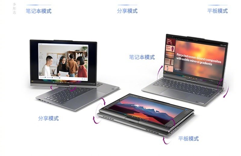 ThinkBook这款新翻转触控本还挺有想法的💻🔄电动转轴支持自动转屏，还带了AI相关的交互功能，玩法比普通翻转本灵活不少。喜欢这类形态本子的朋友可以留意下💫 ​