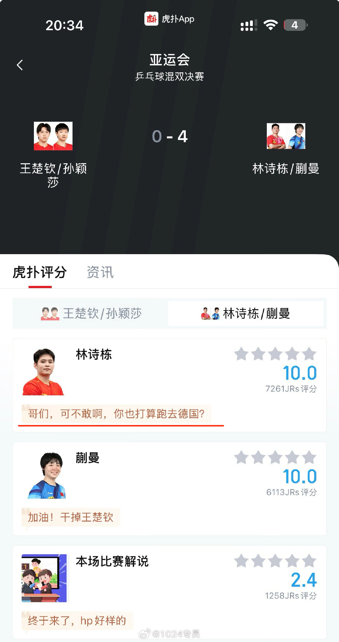 虎扑的网友是真敢评，也是真敢说！！[哆啦A梦害怕][哆啦A梦害怕]
#乒乓球混双决赛# ​