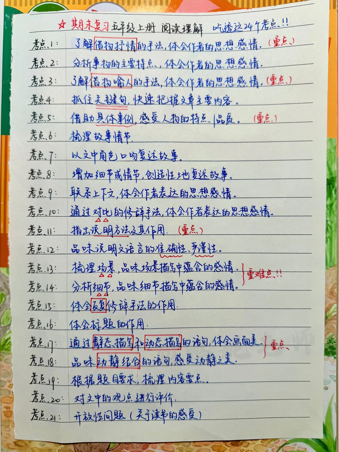 期末复习｜五上语文【阅读理解】考点梳理