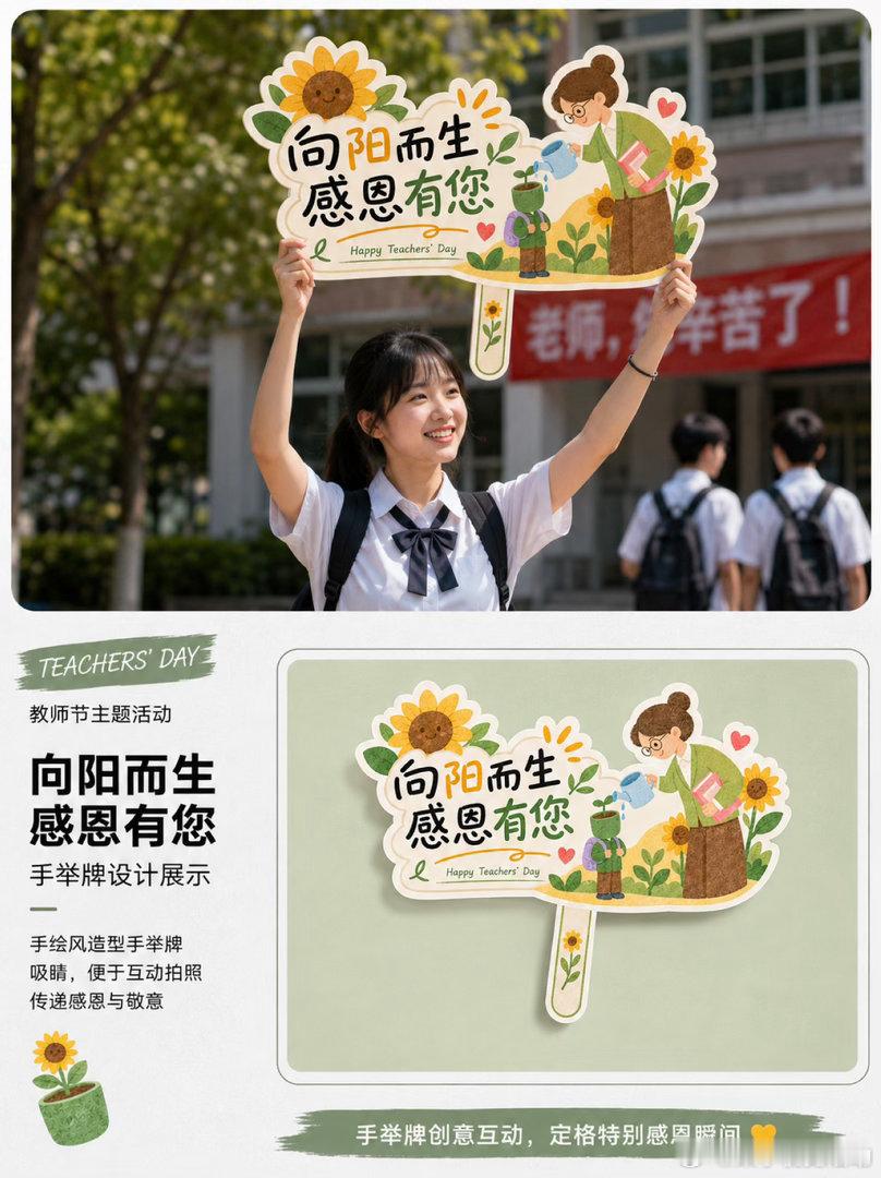 太治愈了！做完这套教师节物料被全校夸爆🌻

做校园活动设计的，谁没被"红底金字"的教师节模板折磨过？

今年狠下心换了一套治愈系手绘风，做完直接刷爆学校朋友圈，好几个老师私信问我要模板链接链接😭

🔥 这套为什么做完被全校夸？

🌻配色太暖了：

暖橙+奶白+嫩绿，搭配向阳花手绘插画， ​