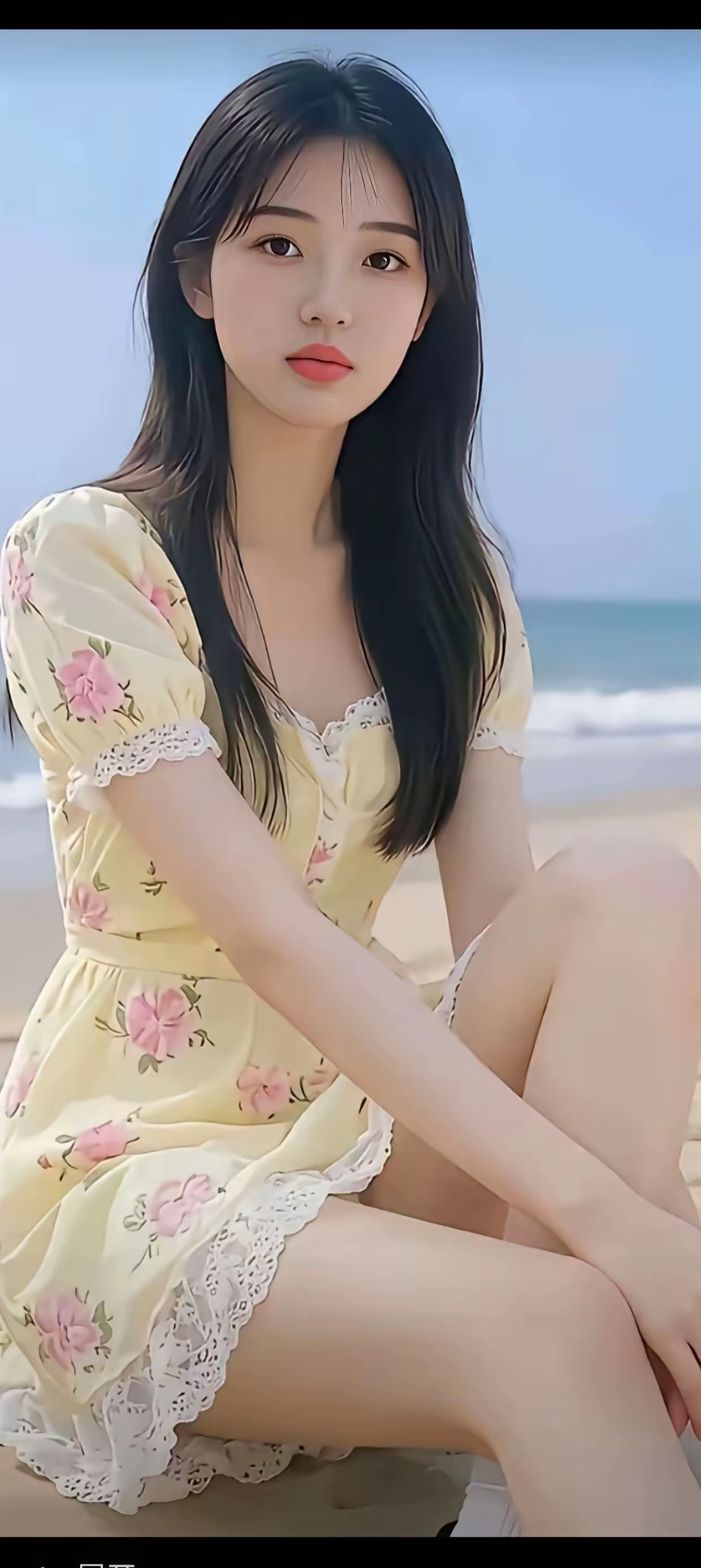 夏日沙滩上的甜美少女，粉色花朵裙摆随风飘扬