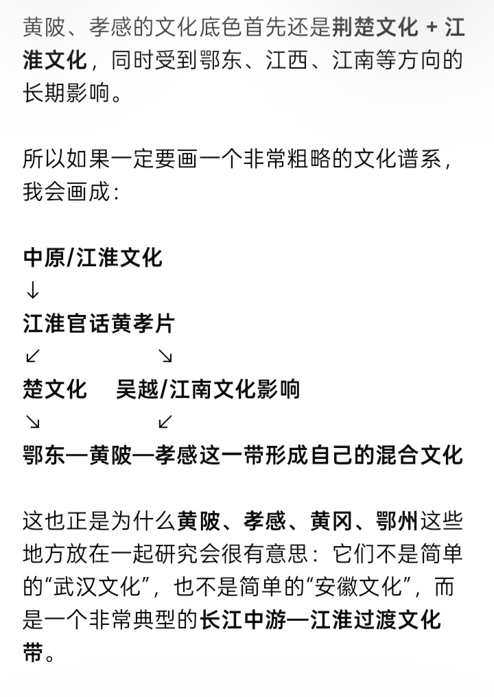 🎀🌸湖北文化圈简单对照，方便理解

- 鄂北（随州、襄阳）：荆楚文化北部边缘区，楚文化和中原文化交界地带，自古就是南北碰撞处，本身就是过渡带。

- 江汉平原、荆州：荆楚核心腹地。

- 鄂东北黄陂、孝感：荆楚东部，楚+吴越遗留。

- 鄂东南咸宁：荆楚东南边缘，楚文化叠加赣文化。

湖北方言 ​