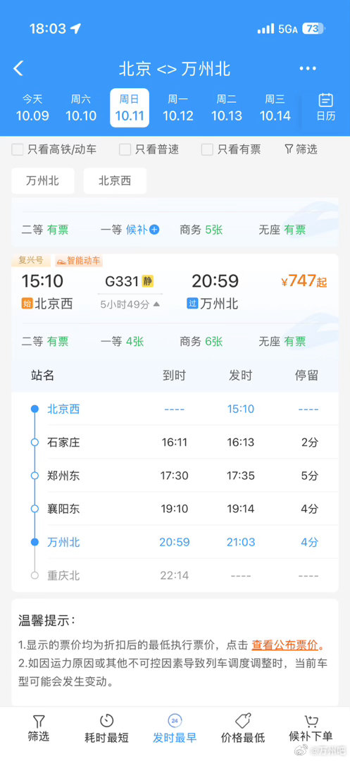 号外，北京西到重庆北的G331次高铁11号恢复了[话筒]#万州城事##高铁##12306抢票# ​