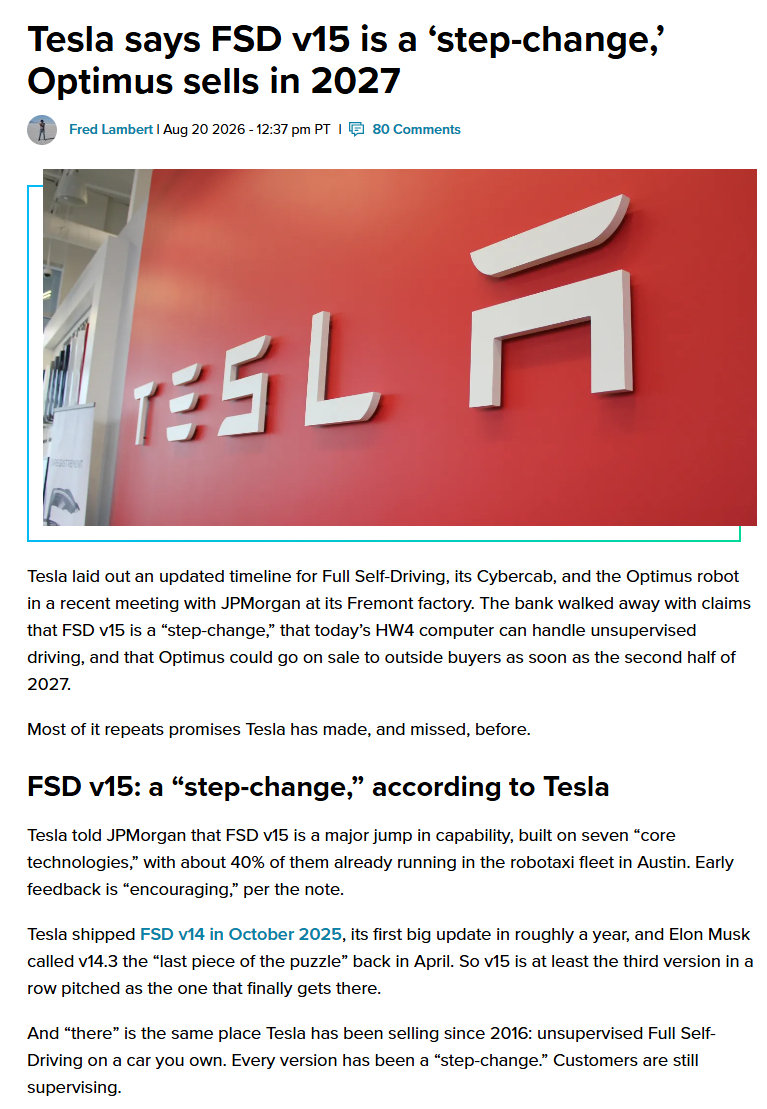 特斯拉又画饼：FSD v15是质变，人形机器人2027年开卖？
特斯拉跟摩根大通开会又放了不少豪言：FSD v15是'质变'，现在的HW4硬件就能实现无人驾驶，人形机器人最早2027年对外卖。听多了这种话，我都有点麻木了。每次都是未来可期，但现实总打脸。这次能兑现吗？我持保留态度，但真心希望技术进步。 ​