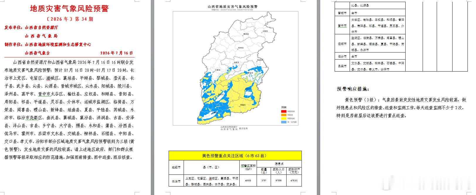 【山西发布地质灾害气象风险预警】山西省自然资源厅和山西省气象局2026...