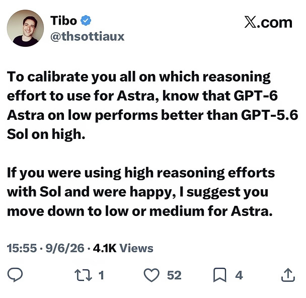 🚀 GPT-6 Astra Low > GPT-5.6 Sol High