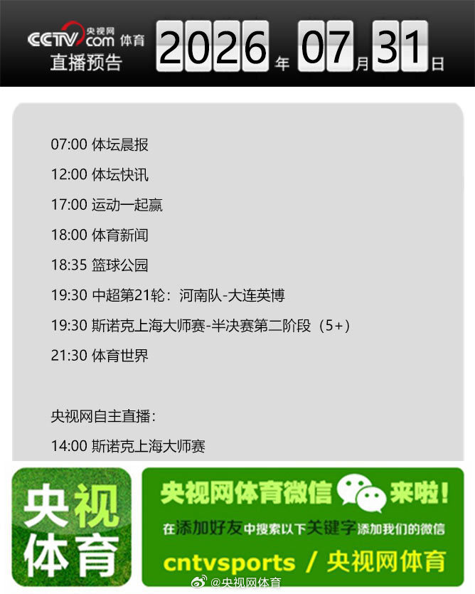 【央视网体育7月31日直播预告】07:00 体坛晨报；12:00 体坛...