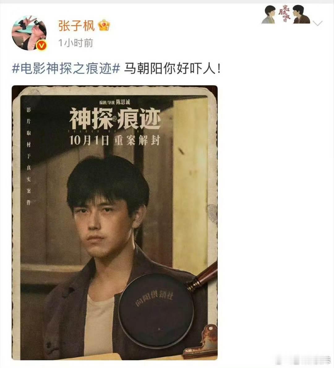 #陈飞宇回了张子枫一个表情包# 真的被陈飞宇惊艳到，马朝阳看着温和友善，眼底却藏着偏执与狠戾。敢于挑战这么有难度的反派，完成度很高，看完他和张子枫的互动，更想去刷《神探之痕迹》了。 ​