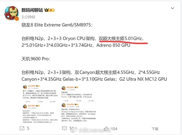 高通第六代骁龙8超级至尊版芯片参数与市场影响深度解析[并不简单]

芯片参数曝光

• 8月25日消息，有博主曝光了高通第六代骁龙8超级至尊版的关键参数。

• 这颗芯片的型号为SM8975，采用全新的2+3+3 Oryon CPU架构，与上代2+6设计有所不同。

• 其CPU由2颗5.01GHz超大核、3颗4.03GHz大核和3颗3.74GH ​