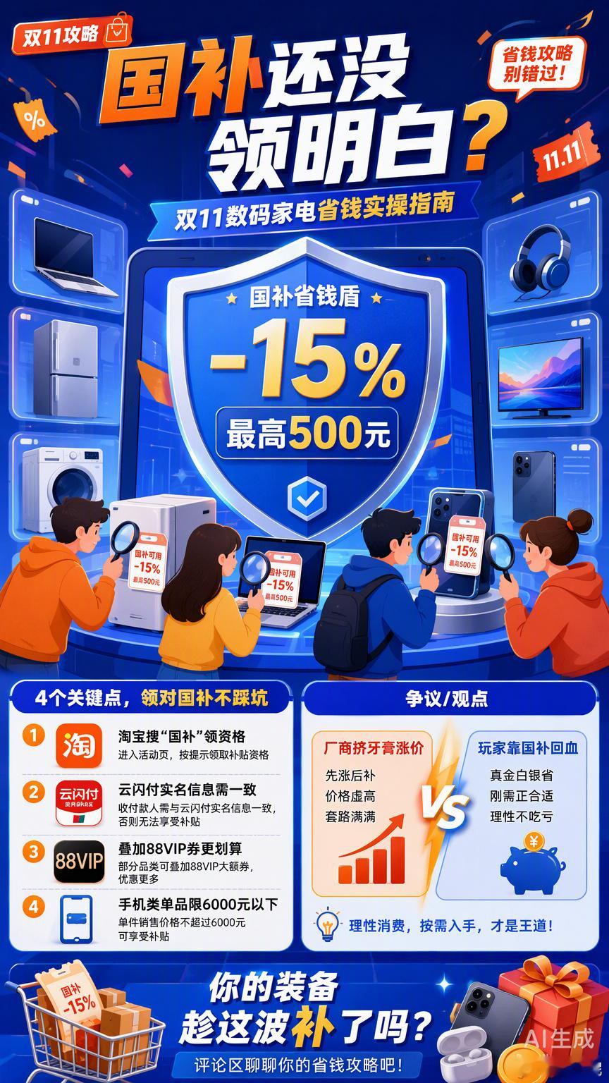 手机市场Q3出货量跌了20%，大家不是没钱买，是不想当冤大头。既然厂商在“挤牙膏”还涨价，那咱们就用国补把价格打下来。

双11这波国补还没领明白的集合一下，其实逻辑很简单：先上淘宝搜“国补”，定位本地后去云闪付实名认证领资格。记住核心细节，下单时的收货人姓名、手机号必须和云闪付实名信息 ​